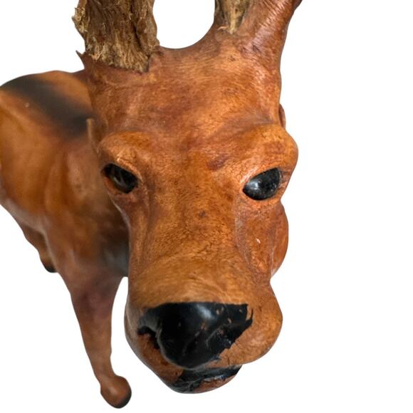 Vintage Leather Covered Deer Buck Figurine with 12-Point Rack Antlers - Picture 10 of 10